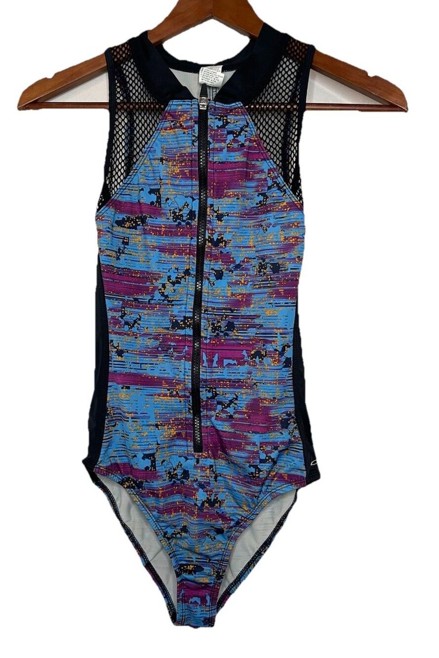 Oakley Women's Small One Piece High Neck Swim Suit Surf Blue Mesh